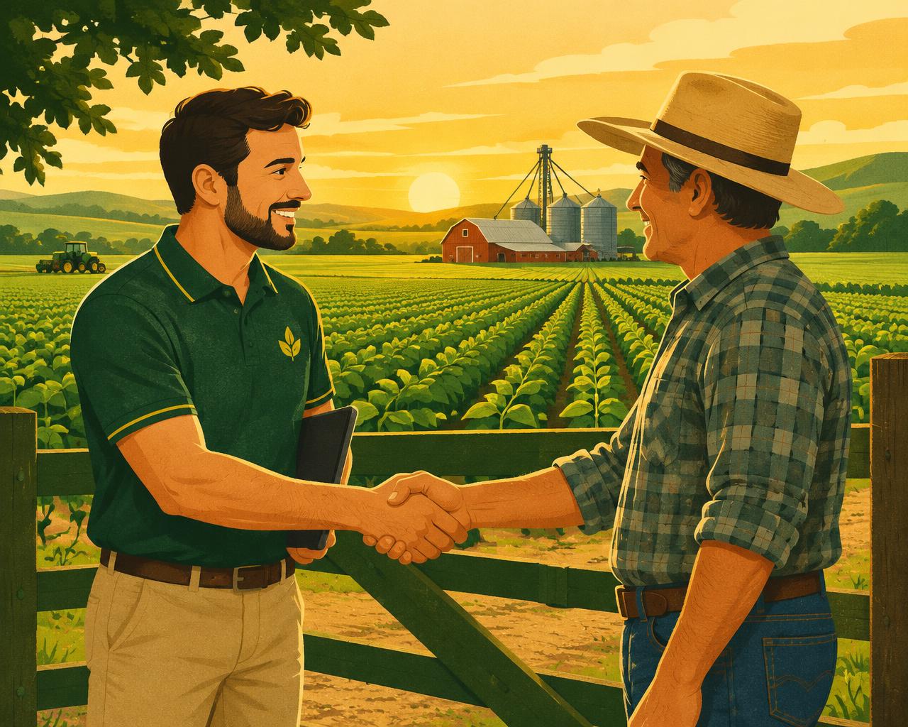 Licenciado Executive Agro cumprimentando produtor rural na porteira da fazenda